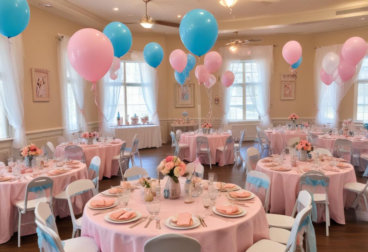 Event venue setup for a baby shower celebration.