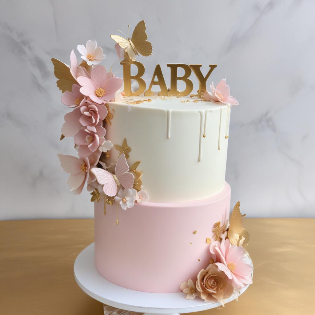 A decorated girl baby shower cake with pink and white colors